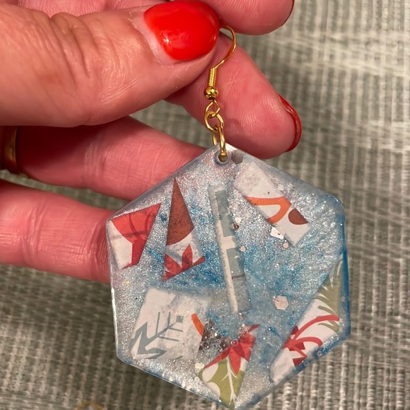 XMAS Handmade Festive Large Holiday Earrings Blue Hexagon - Picture 9 of 10